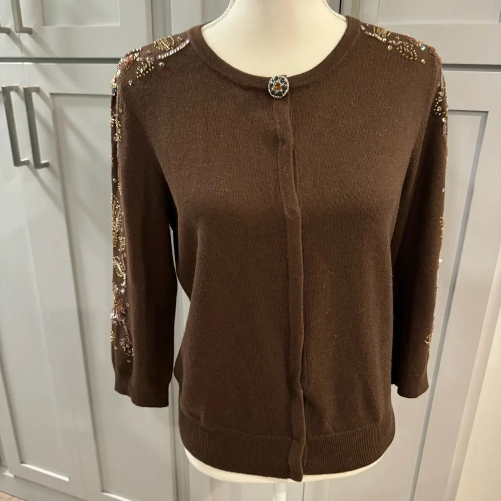 Classics Entier Beaded Wool Silk Cashmere Brown Hidden Snap Cardigan Large